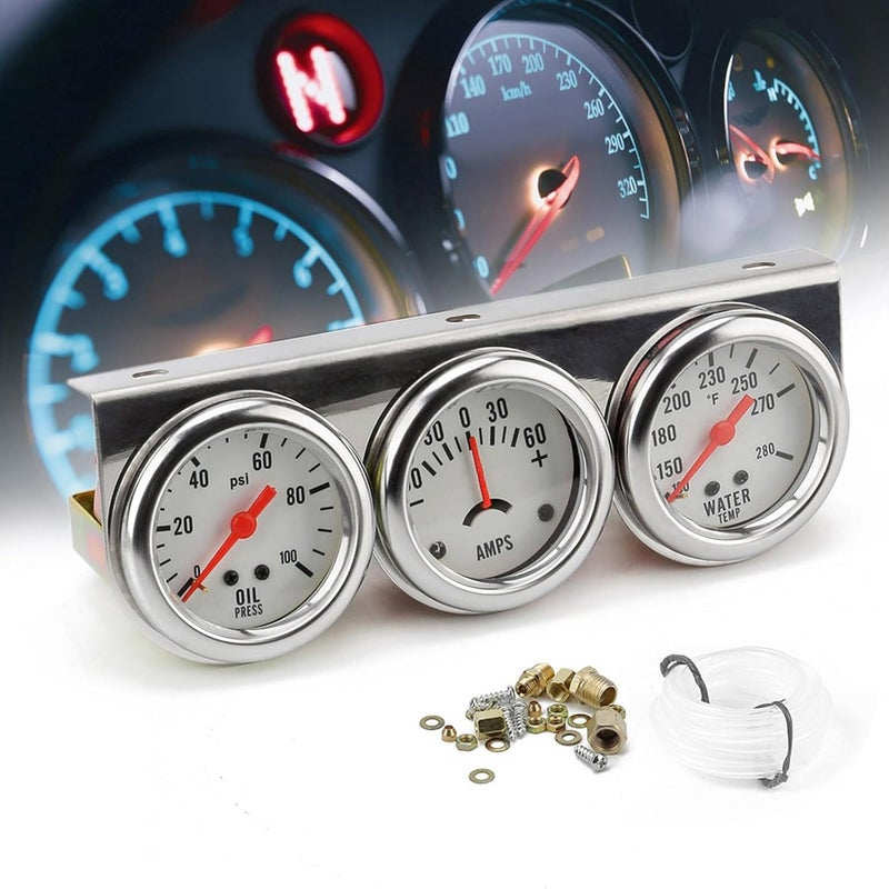 Dyno Racing مجموعة عدادات ثلاثية 2'' 52mm عالمية من الكروم 12V DC للسيارات، عداد ضغط الزيت، عداد درجة حرارة الماء فهرنهايت، مجموعة عدادات الأمبير، عدادات سيارة بوجه أبيض - Image 3